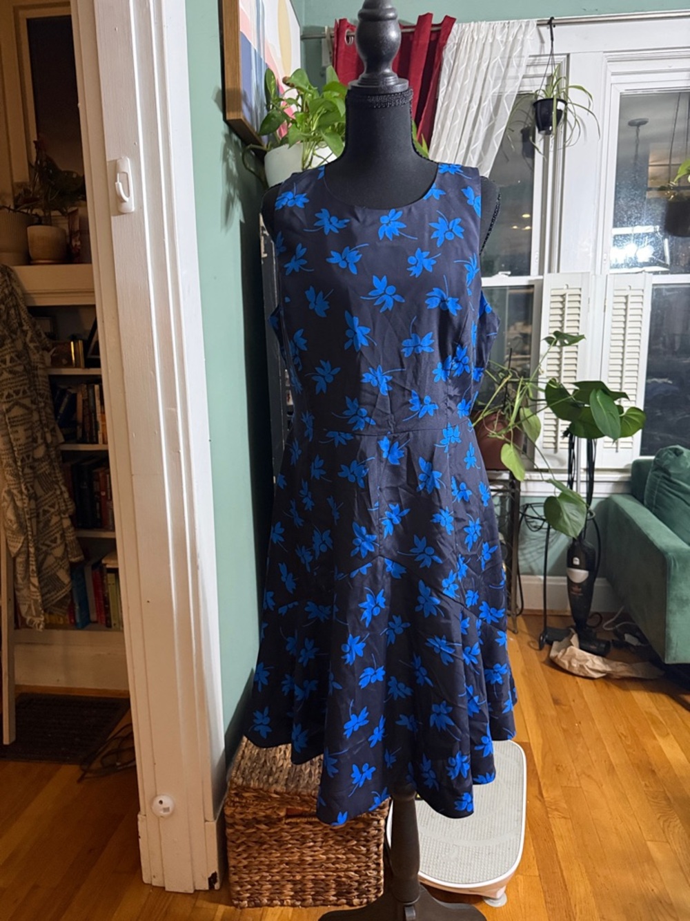 J. Crew Black Midi Dress with Bright Blue Floral Print